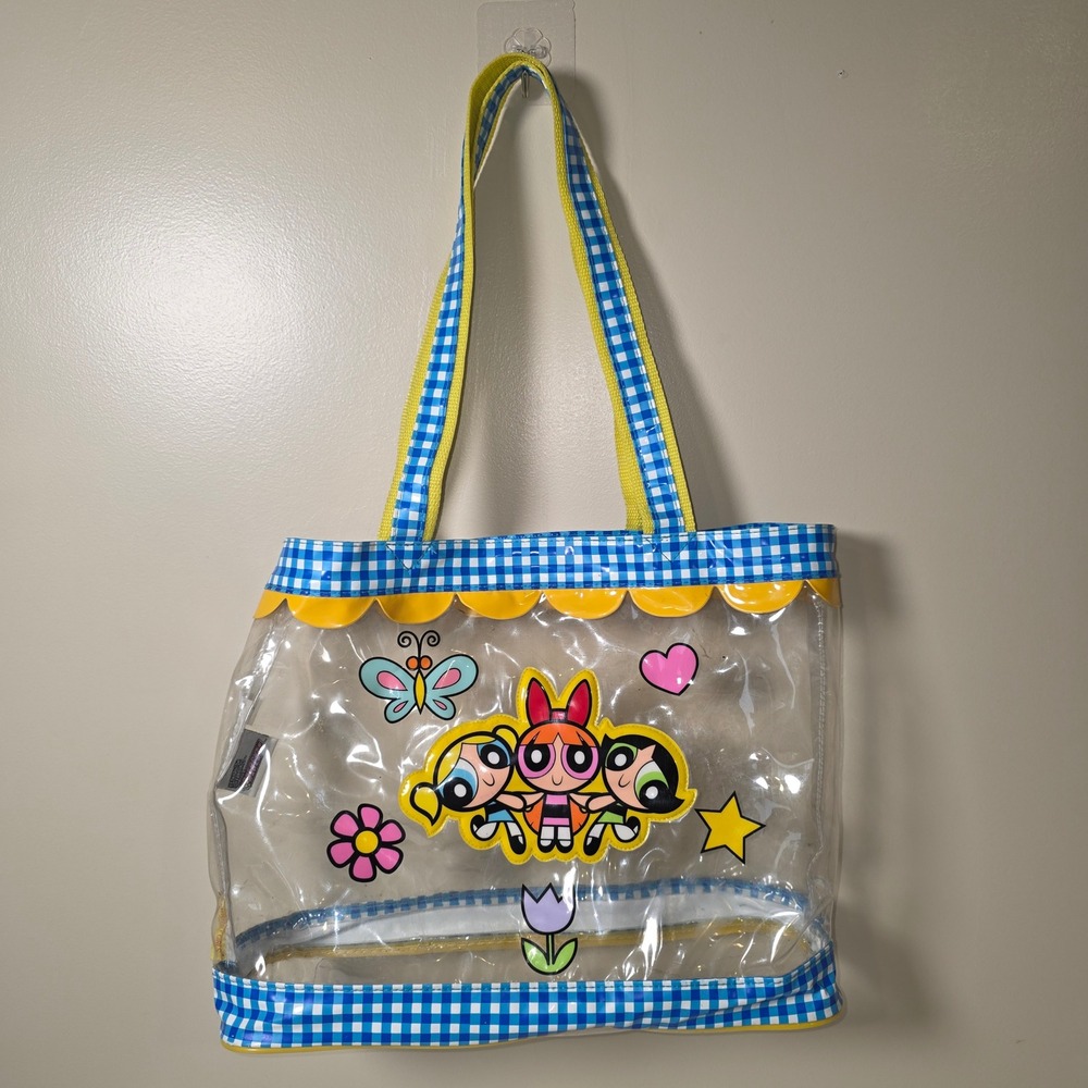 Vtg Rare Powerpuff Girls Clear PVC Tote Bag Y2K‎ Gingham Blue Cartoon Network